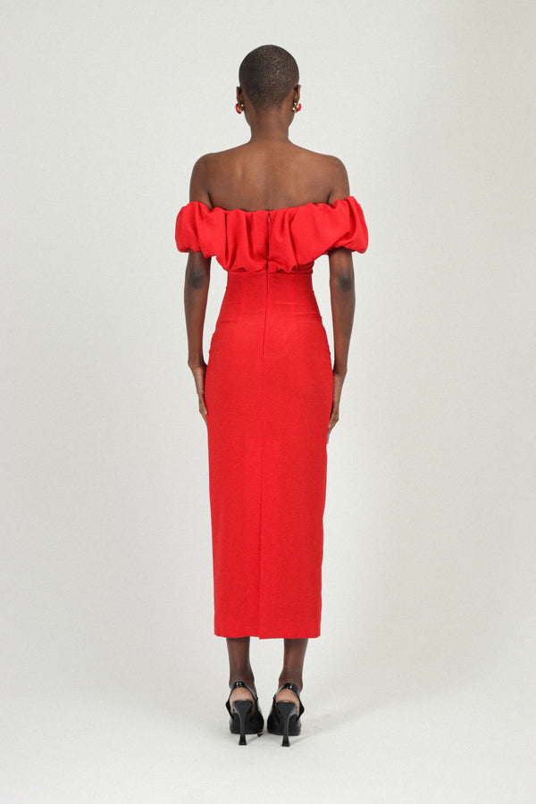 Rowen Rose Bardot Long Dress With Gathered Neckline In Sable