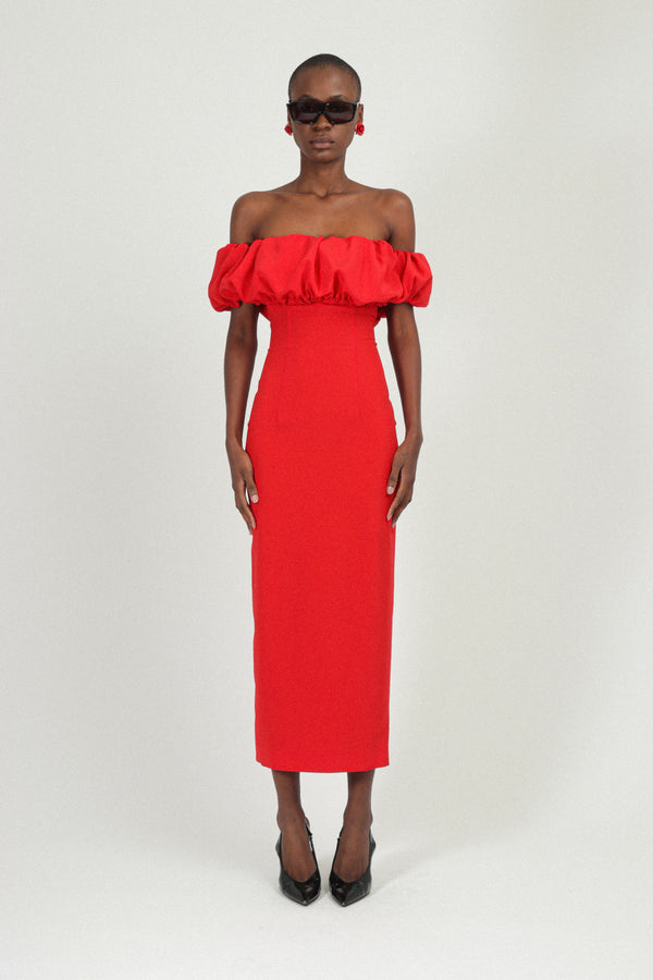 rowen rose Bardot Long Dress with Gathered Neckline in Sable