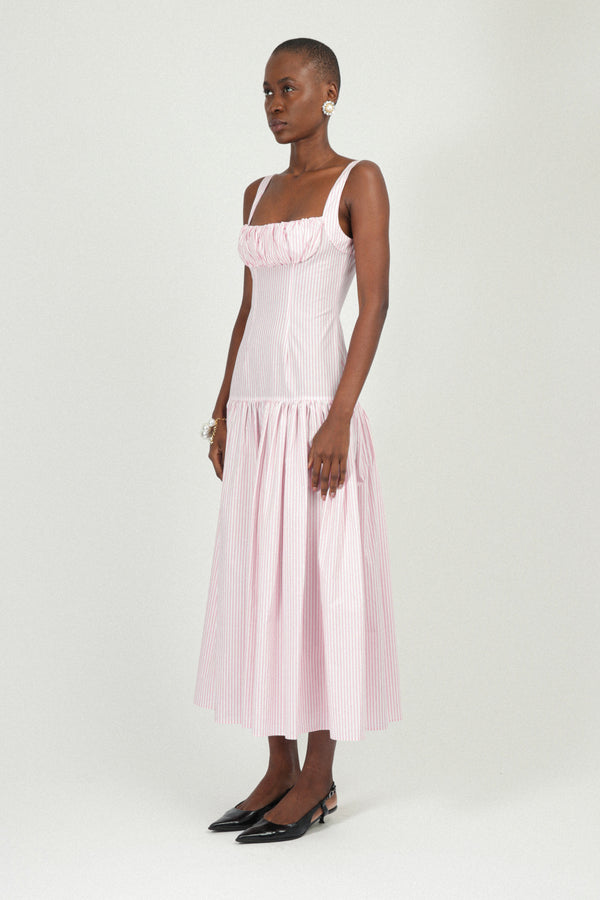 Rowen Rose Corset Long Dress With Gathered Neckline In Poplin