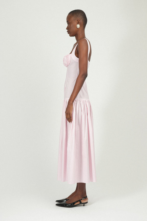 Rowen Rose Corset Long Dress With Gathered Neckline In Poplin