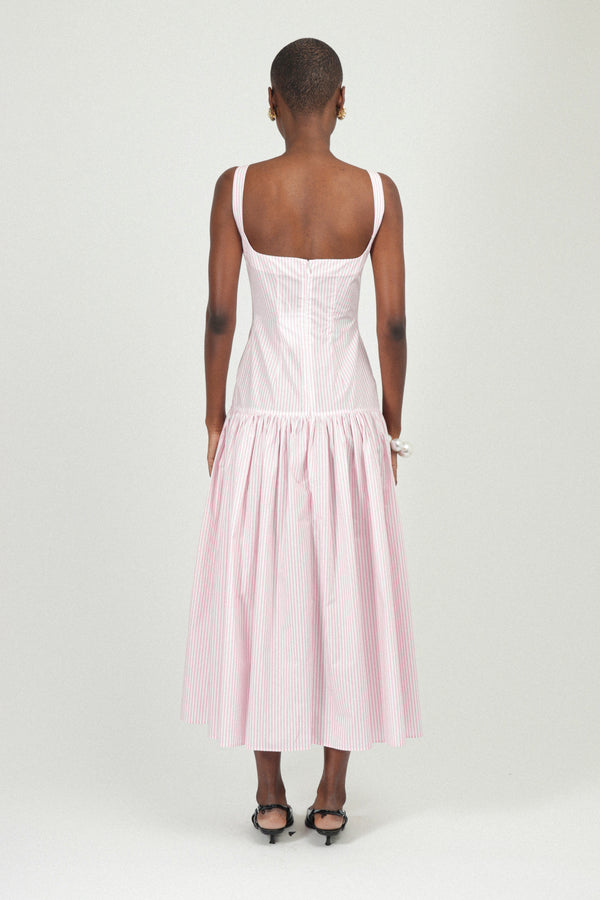 Rowen Rose Corset Long Dress With Gathered Neckline In Poplin