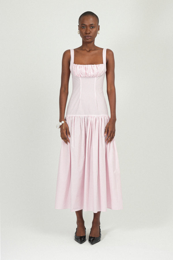 rowen rose Corset Long Dress with Gathered Neckline in Poplin