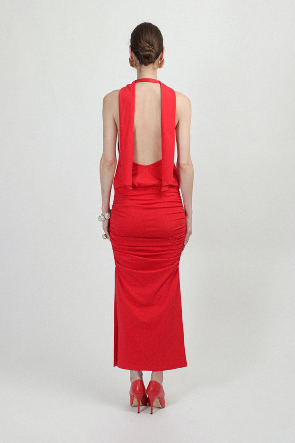 Rowen Rose Jersey Long Dress With Plunging Neckline