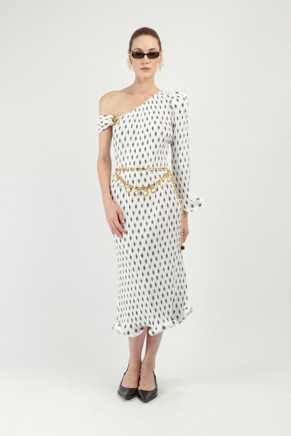 rowen rose Asymmetrical Maxi Dress With Sun Jewel