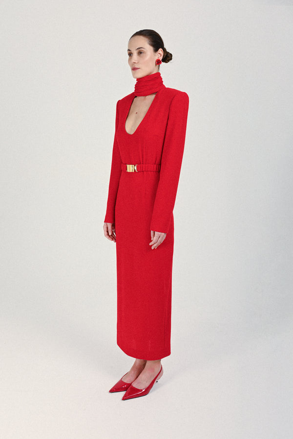 Rowen Rose Long Dress With Plunging Draped Collar