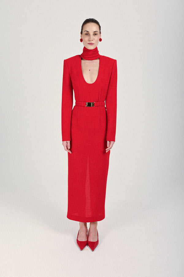 rowen rose Long Dress with Plunging Draped Collar