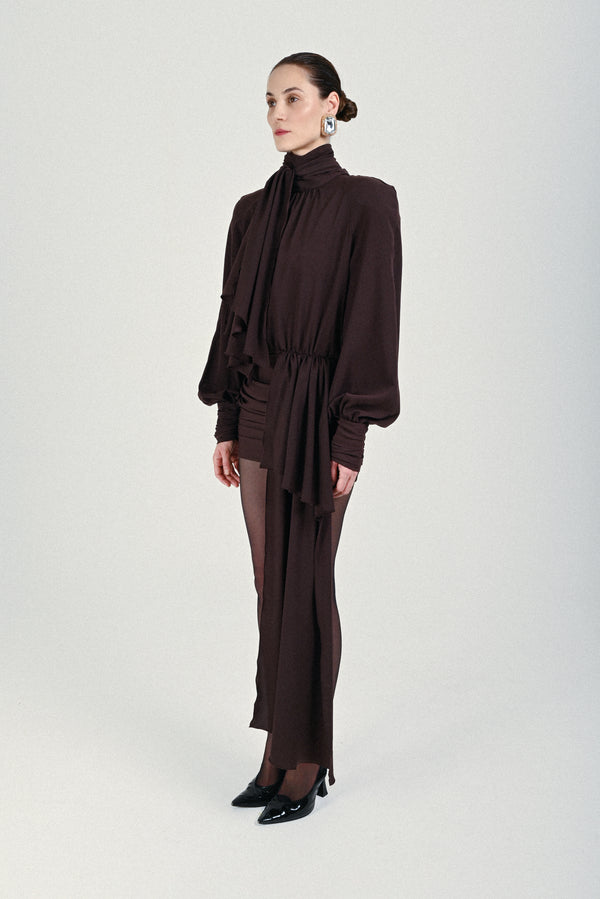 Rowen Rose Mini Dress With Draped Collar And Skirt