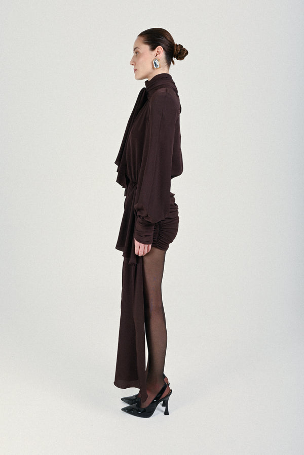 Rowen Rose Mini Dress With Draped Collar And Skirt