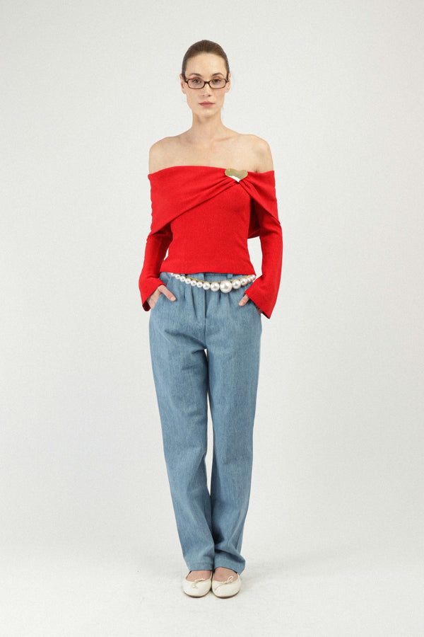 rowen rose Off-shoulders Top With Heart Jewel