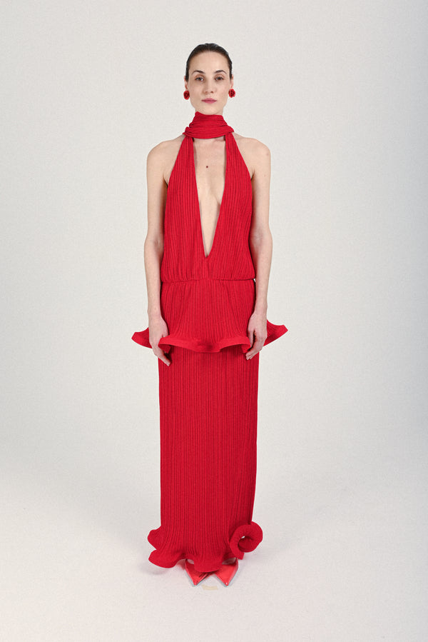 rowen rose Pleated Maxi Dress with Plunging Neck