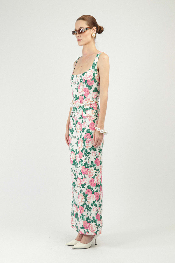 Rowen Rose Printed Long Dress With Pockets