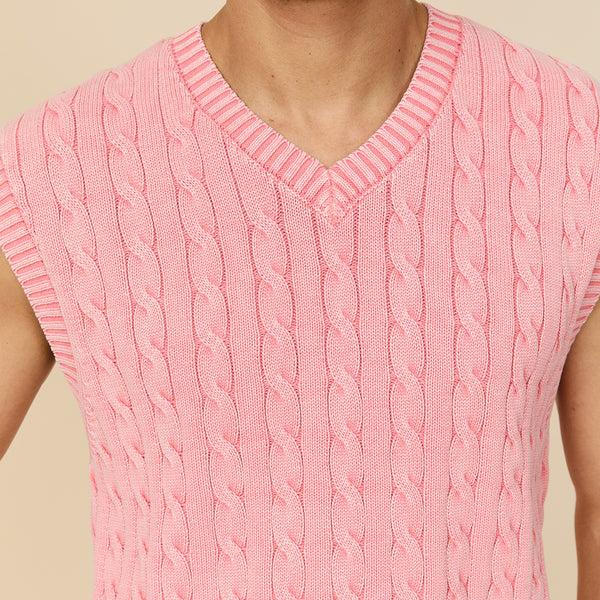 Rowing Blazers Men's Acid Washed Cotton Cableknit Sweater Vest Pink
