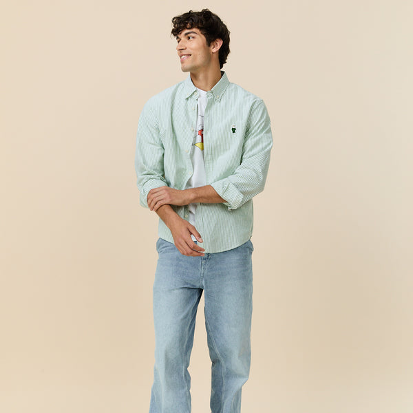 Rowing Blazers Men's Babar Long Sleeve Classic Fit Striped Oxford Shirt Green / White University Stripe