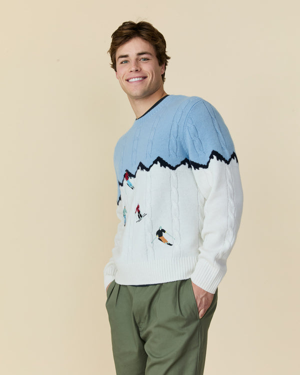 Rowing Blazers Men's Cashmere Apres Skis Cable Knit Sweater Blue Multi