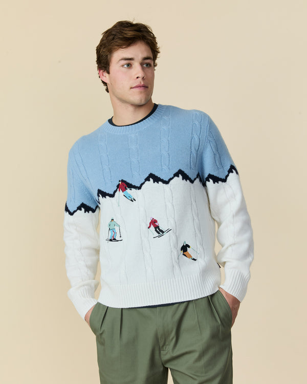 Rowing Blazers Men's Cashmere Apres Skis Cable Knit Sweater Blue Multi