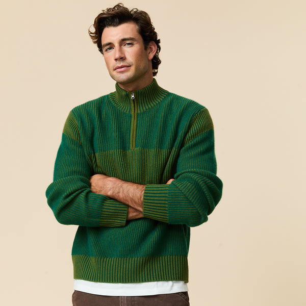 Rowing Blazers Men's Cashmere Quarter Zip Ottoman Rib Sweater Green