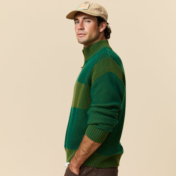Rowing Blazers Men's Cashmere Quarter Zip Ottoman Rib Sweater Green