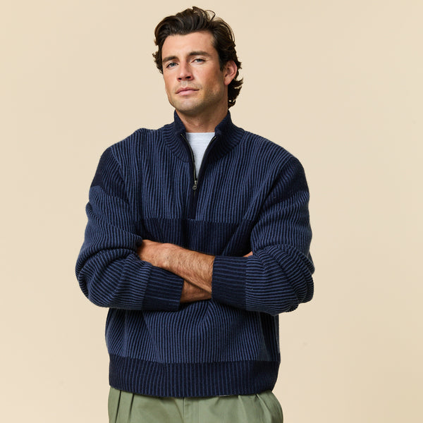 Rowing Blazers Men's Cashmere Quarter Zip Ottoman Rib Sweater Navy