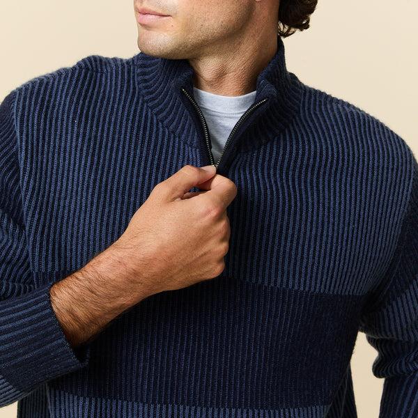Rowing Blazers Men's Cashmere Quarter Zip Ottoman Rib Sweater Navy