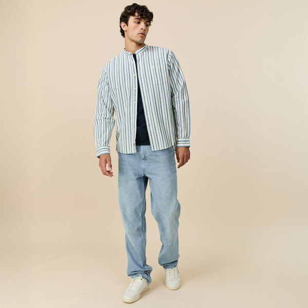 Rowing Blazers Men's Casual Linen Band Collar Shirt Blue Stripe