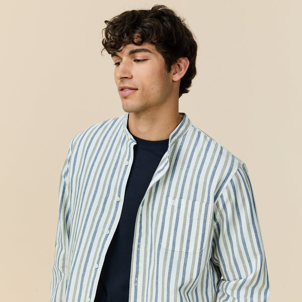 Rowing Blazers Men's Casual Linen Band Collar Shirt Blue Stripe