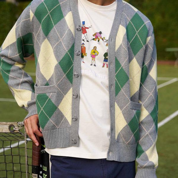 Rowing Blazers Men's Cotton Argyle Cardigan Grey Argyle