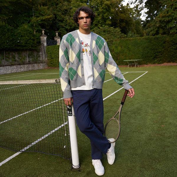 Rowing Blazers Men's Cotton Argyle Cardigan Grey Argyle