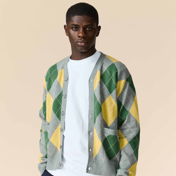 Rowing Blazers Men's Cotton Argyle Cardigan Grey Argyle