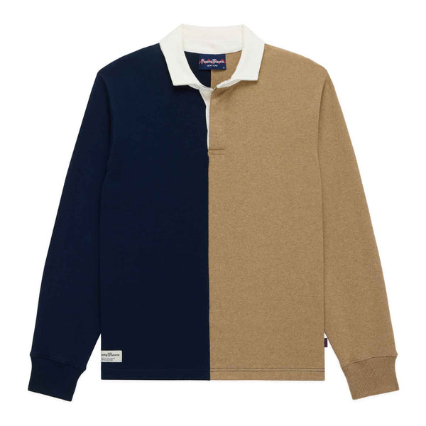 rowing blazers Men's Cotton Color Block Elbow Patch Rugby Navy Khaki