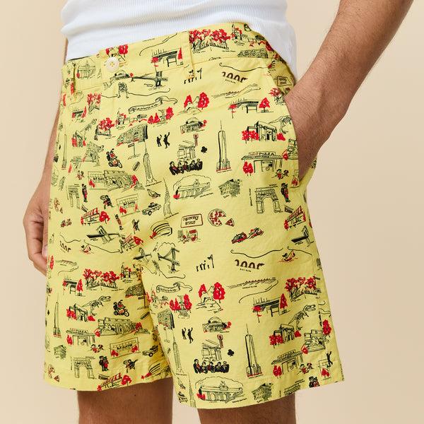 Rowing Blazers Men's Flat Front Cotton Linen Shorts NYC Map Print