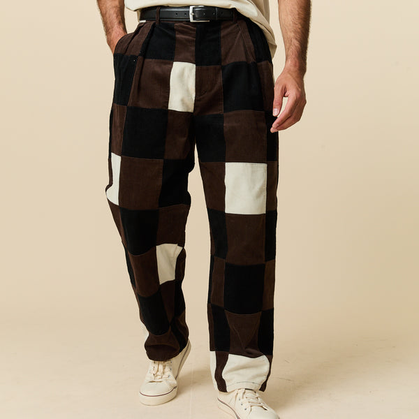 Rowing Blazers Men's Pleated Patchwork Corduroy Pant Brown Patchwork