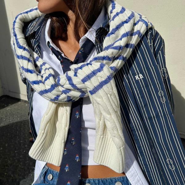 Rowing Blazers Men's Striped Cableknit Sweater Ivory Blue Stripe