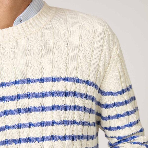 Rowing Blazers Men's Striped Cableknit Sweater Ivory Blue Stripe