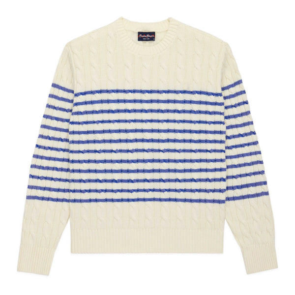 rowing blazers Men's Striped Cableknit Sweater Ivory Blue Stripe
