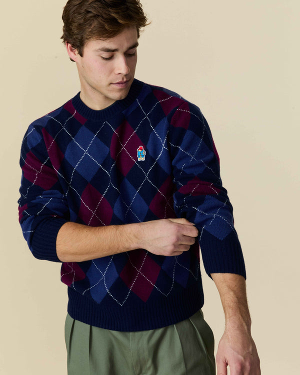 Rowing Blazers Paddington Cashmere Argyle Sweater Navy And Maroon Argyle