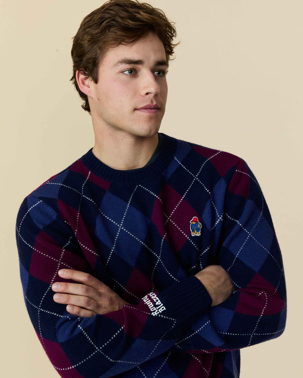 Rowing Blazers Paddington Cashmere Argyle Sweater Navy And Maroon Argyle
