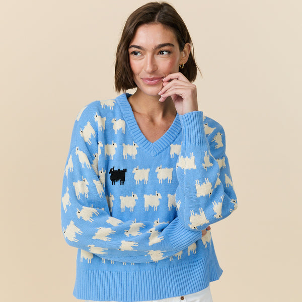 Rowing Blazers Warm & Wonderful Women's "Diana Edition" Cotton Linen V-Neck Sheep Sweater Blue