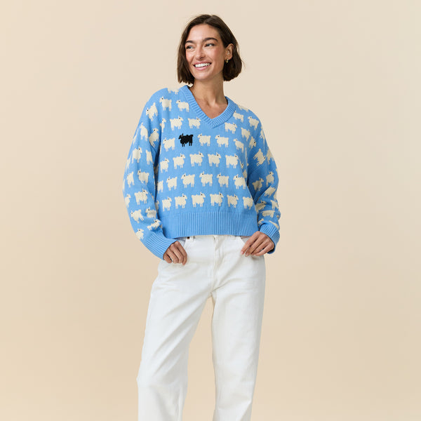 Rowing Blazers Warm & Wonderful Women's "Diana Edition" Cotton Linen V-Neck Sheep Sweater Blue