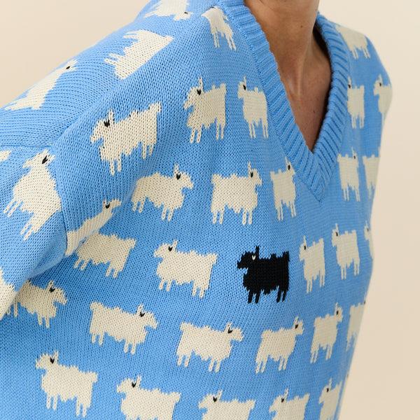 Rowing Blazers Warm & Wonderful Women's "Diana Edition" Cotton Linen V-Neck Sheep Sweater Blue