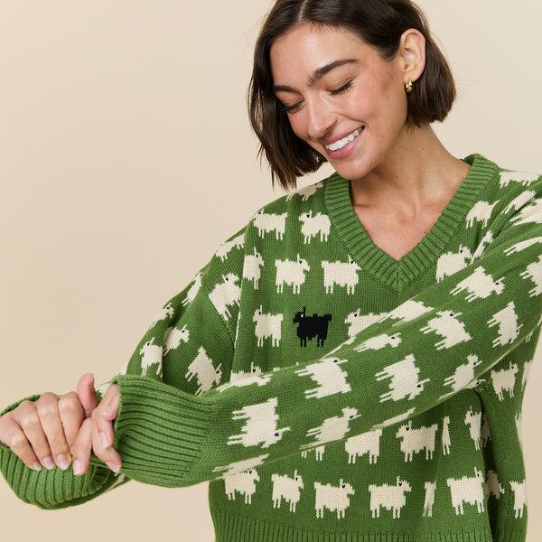 Rowing Blazers Warm & Wonderful Women's "Diana Edition" Cotton Linen V-Neck Sheep Sweater Green