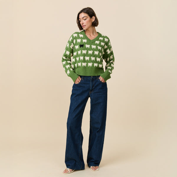 Rowing Blazers Warm & Wonderful Women's "Diana Edition" Cotton Linen V-Neck Sheep Sweater Green