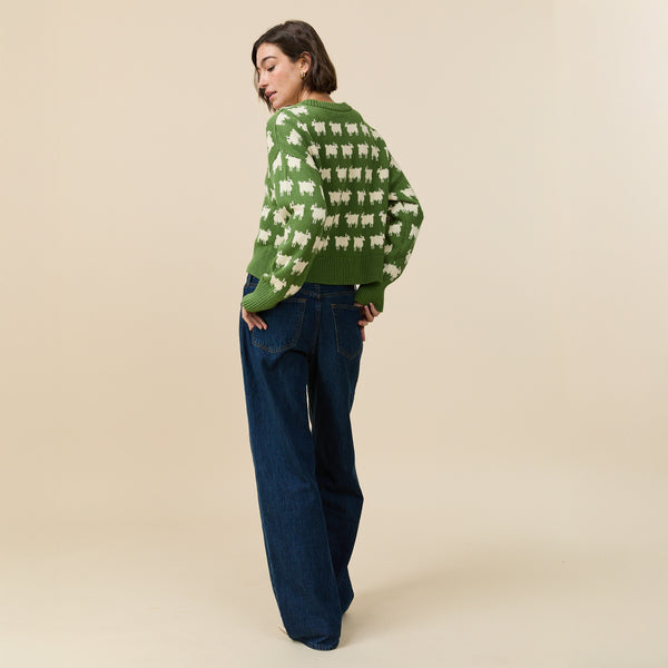 Rowing Blazers Warm & Wonderful Women's "Diana Edition" Cotton Linen V-Neck Sheep Sweater Green