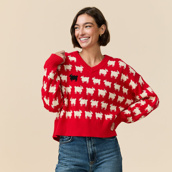 Rowing Blazers Warm & Wonderful Women's "Diana Edition" Cotton Linen V-Neck Sheep Sweater Red