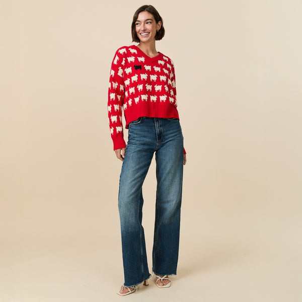 Rowing Blazers Warm & Wonderful Women's "Diana Edition" Cotton Linen V-Neck Sheep Sweater Red