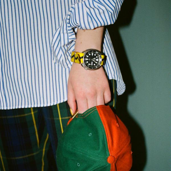 Rowing Blazers Watch Strap In Yellow And Black Zig-Zag