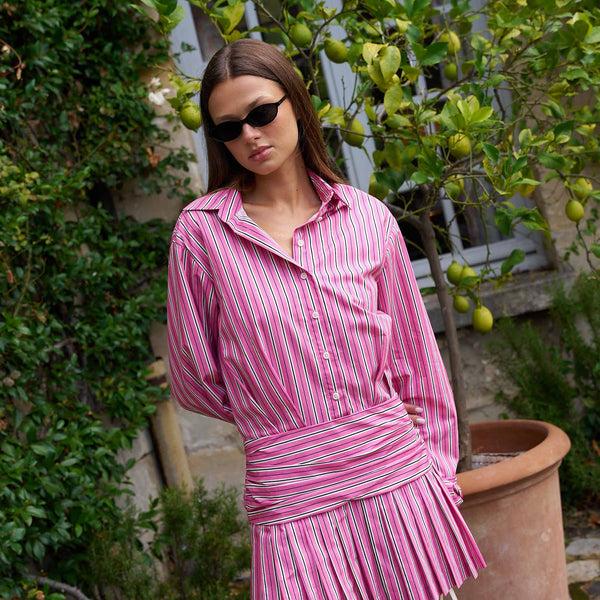 Rowing Blazers Women's Button Down Pleated Shirt Dress Euro Pink Stripe