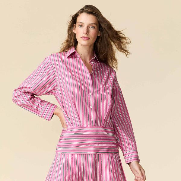 Rowing Blazers Women's Button Down Pleated Shirt Dress Euro Pink Stripe