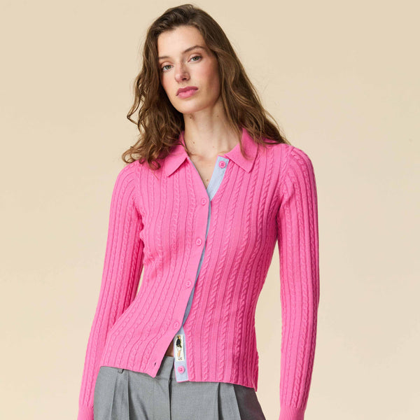 Rowing Blazers Women's Cable Knit Collared Cardigan Pink