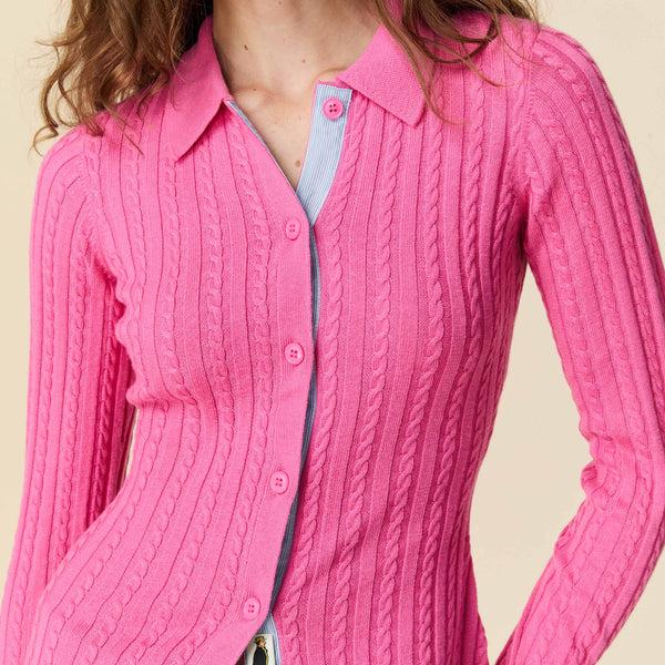 Rowing Blazers Women's Cable Knit Collared Cardigan Pink