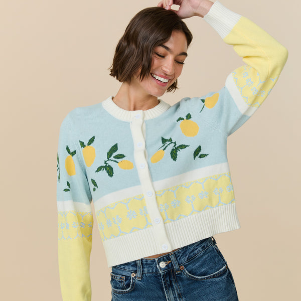 Rowing Blazers Women's Cotton Fairisle Lemon Cropped Cardigan Blue
